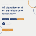 Webinar landing banner in Swedish: title 'Så digitaliserar ni ert styrelsearbete' with details and an orange 'Anmäl dig här' button