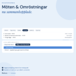 UI för svenska möten och omröstningar med flikar Protokoll, Justering och Signering samt en lista över tider och ansvariga personer